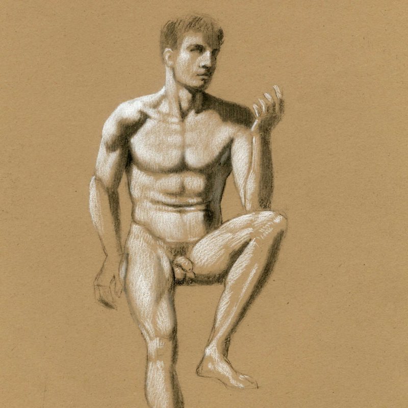 Pierre-Paul Prud’hon, Male Nude, black and white chalk on blue-tinted paper - Drawing by Roberto Osti