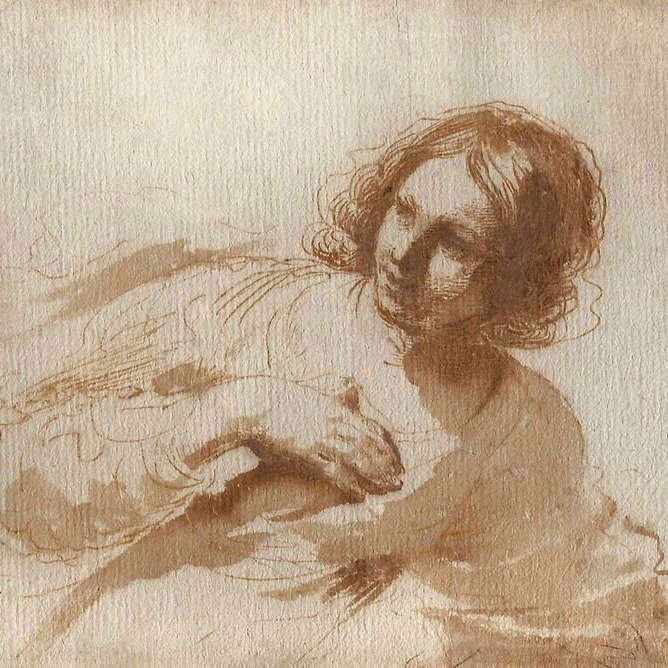 Guercino study of a woman with hand held to her breast